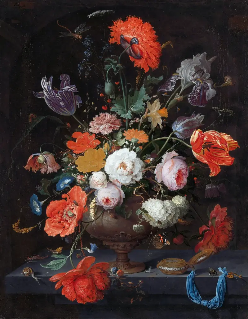 Stilleben med blommor och klocka av Abraham Mignon