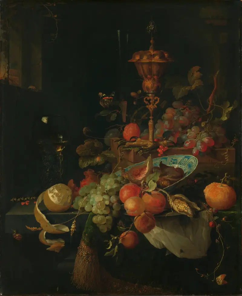 Stillleben mit Früchten und einem Becher auf einem Hahnenfuß von Abraham Mignon