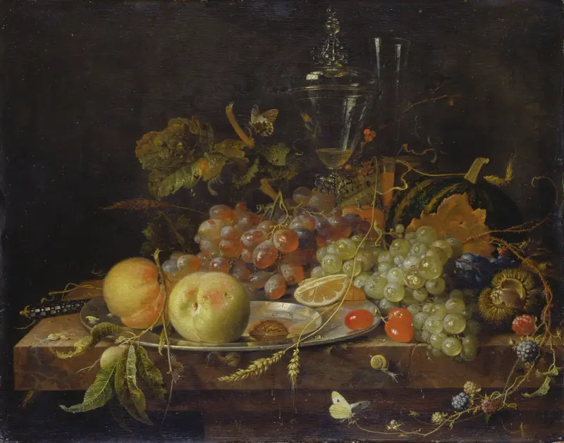 Stillleben mit Früchten, Zinnteller und Weingläsern von Abraham Mignon