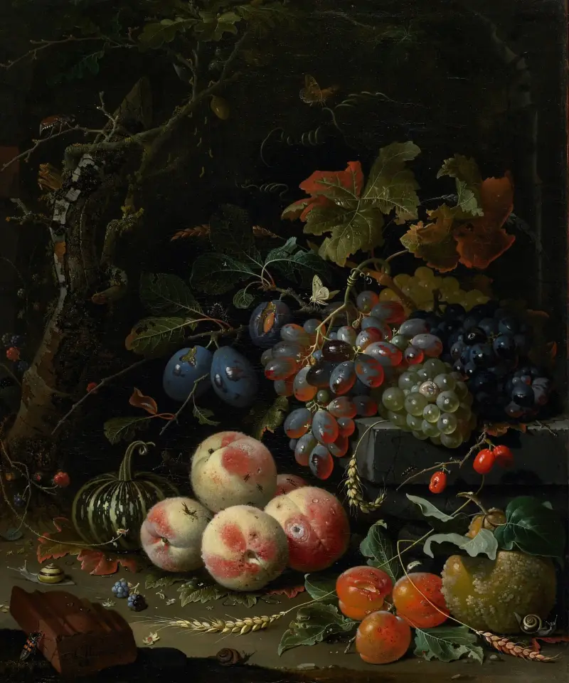 Stilleben med frukt, lövverk och insekter av Abraham Mignon