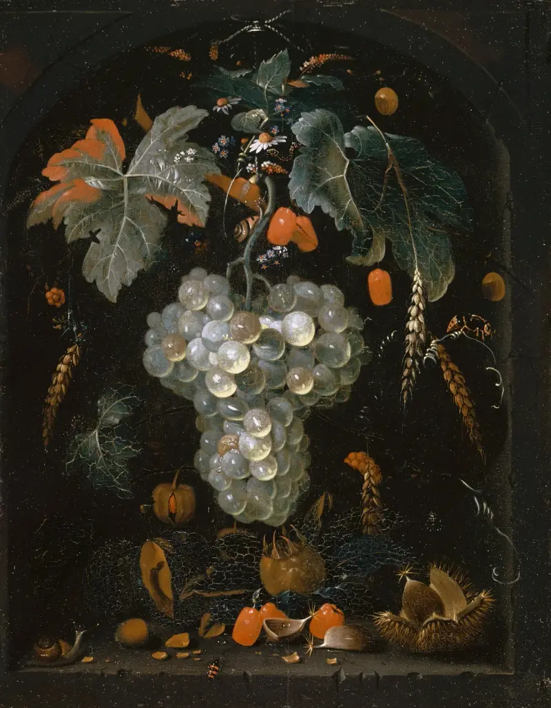 Stilleben med druvor och frukt i en nisch av Abraham Mignon