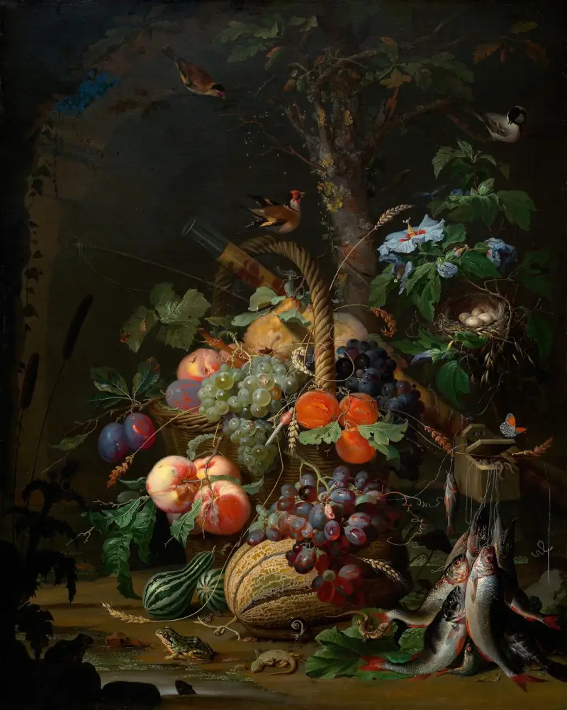 Stillleben mit Früchten, Fischen und Vogelnest von Abraham Mignon