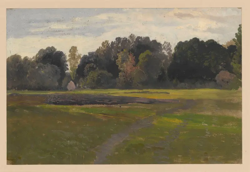 Vy över en äng vid en skog i Spreewald av Adolf Dressler