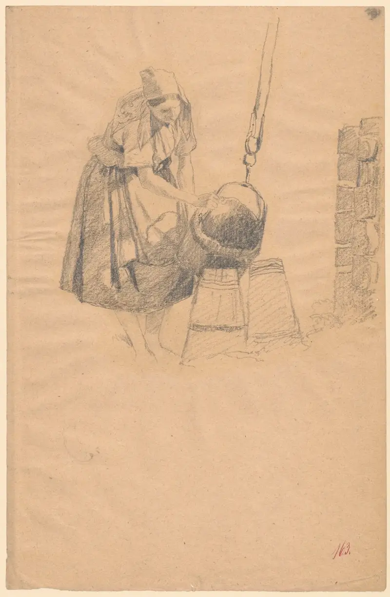 Woman making butter av Adolf Dressler