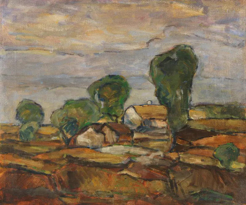 Landschaft mit Häusern und Bäumen von Adolf Hölzel