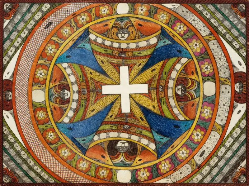 Roosali från Indien; Roosali från Ryssland; Roosali från Kina; och Roosali från Japan i S:t Adolfrosenträdgården av Adolf Wölfli