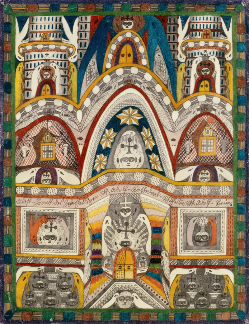Västfasaden på det tiodelade S:t Adolfkatedralskeppet i S:t Adolfhem av Adolf Wölfli