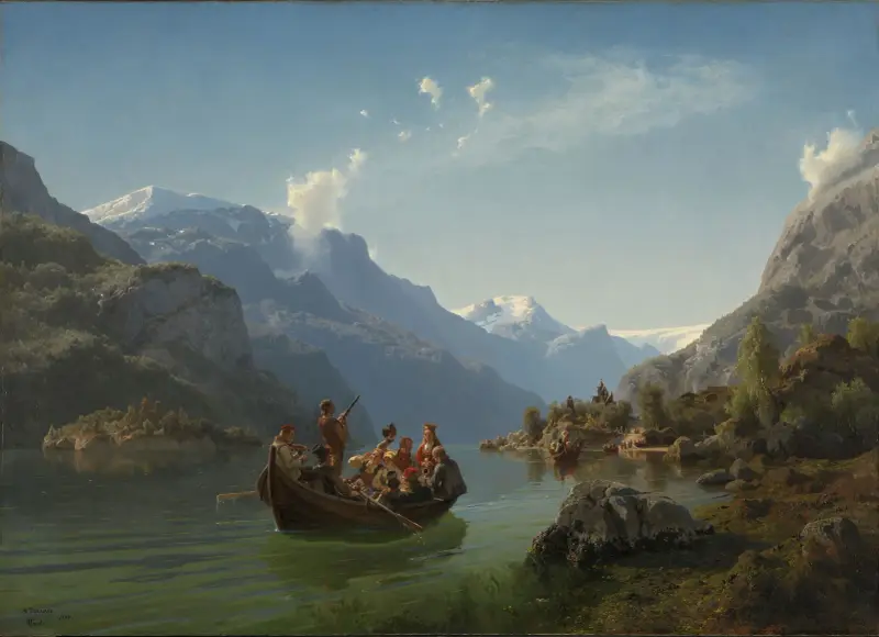 Brudfölje på Hardangerfjorden av Adolph Tidemand