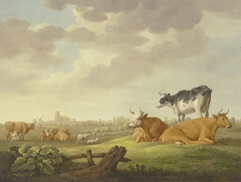Auf einer Wiese Kühe und Schafe, in der Ferne eine Stadt, links eine Melkerin von Aelbert Cuyp