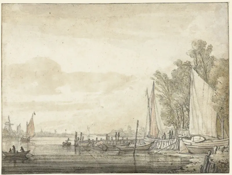 Båtar vid en brygga i en flod av Aelbert Cuyp