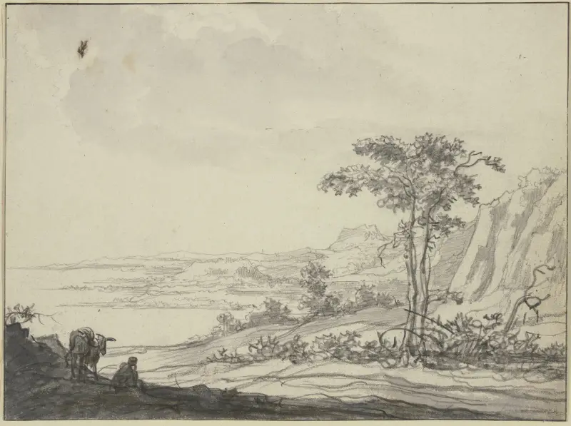 Bergslandskap vid havet, till vänster en sittande man vid en åsna av Aelbert Cuyp