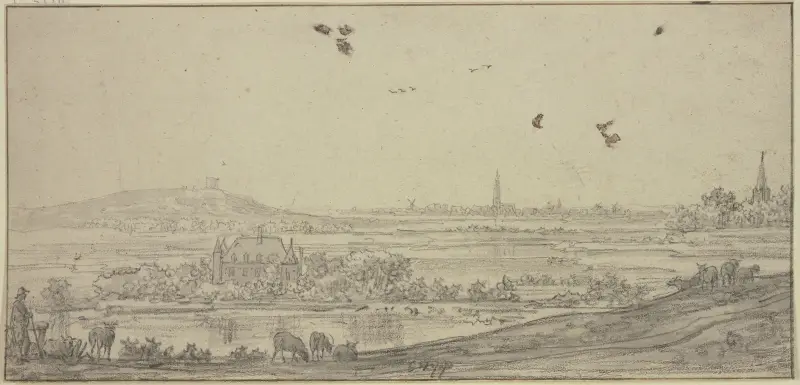 I fjärran en stad, till vänster ett hus i vattnet, i förgrunden en fåraherde av Aelbert Cuyp