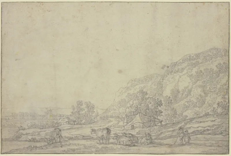 Landschaft mit zwei Hütten, rechts hohe Berge, vorne fünf Kühe von Aelbert Cuyp