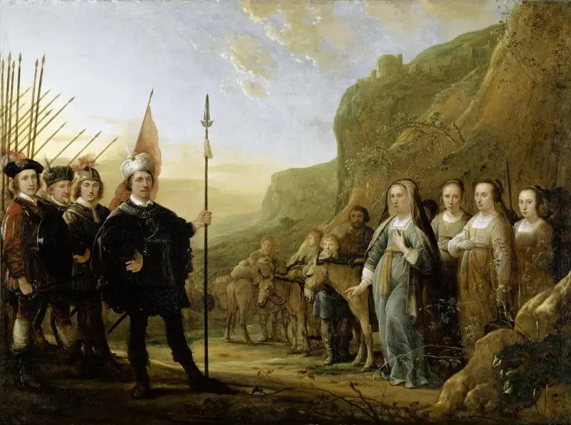 Davids möte med Abigail. Porträtt av familjen Lowijs Jacobsz. Molenschot och hans hustru Janneken Jansdr. Rokus av Aelbert Cuyp