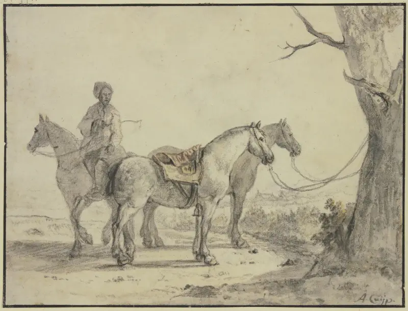 Zwei gesattelte Pferde an einen Baum gebunden, dabei ein Reiter von Aelbert Cuyp