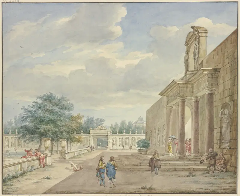 Ogród z tarasem i wystawnym portalem, Aert Schouman