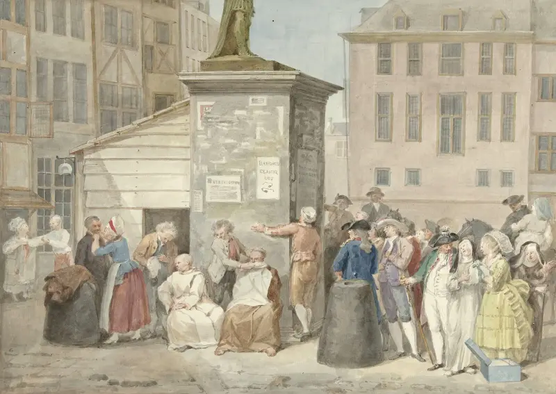 Torg med munkar och nunnor under revolutionen i Belgien, 20 oktober 1787 av Aert Schouman