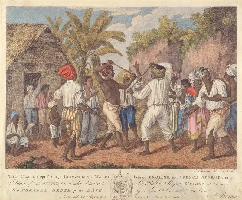 En käppstrid mellan engelska och franska negrer på ön Dominica av Agostino Brunias