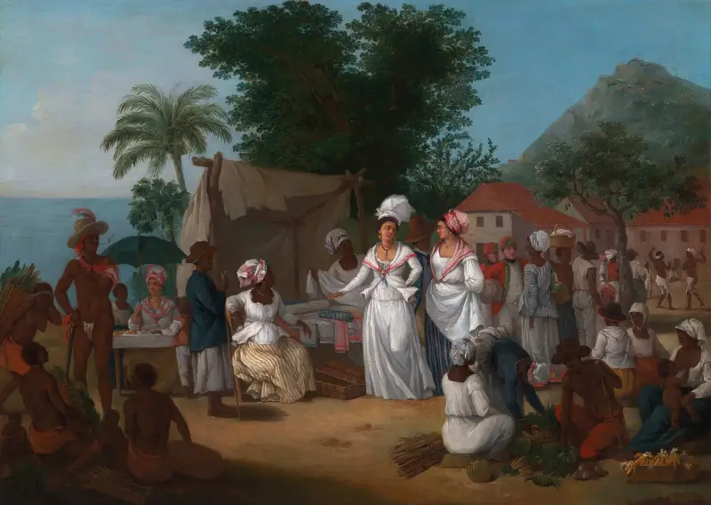 En linmarknad med linstånd och grönsaksförsäljerska i Västindien av Agostino Brunias