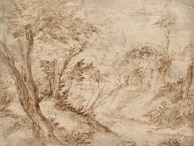 Skogslandskap med en vilande gestalt vid en väg och en flod i bakgrunden av Agostino Carracci