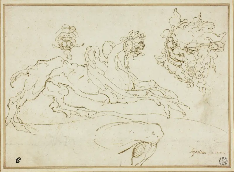 Fyra skisser: grip, groteskt huvud, satyrhuvud, böjt ben av Agostino Carracci
