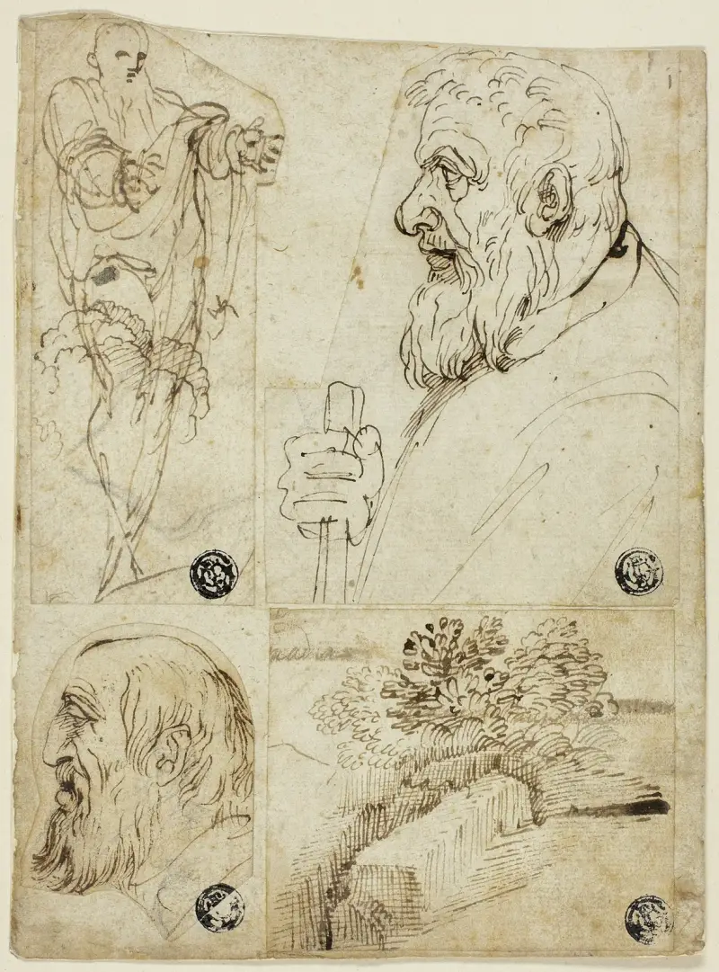 Fyra skisser: stående manlig figur, profilbyst av skäggig man, profilhuvud av skäggig man, landskap av Agostino Carracci
