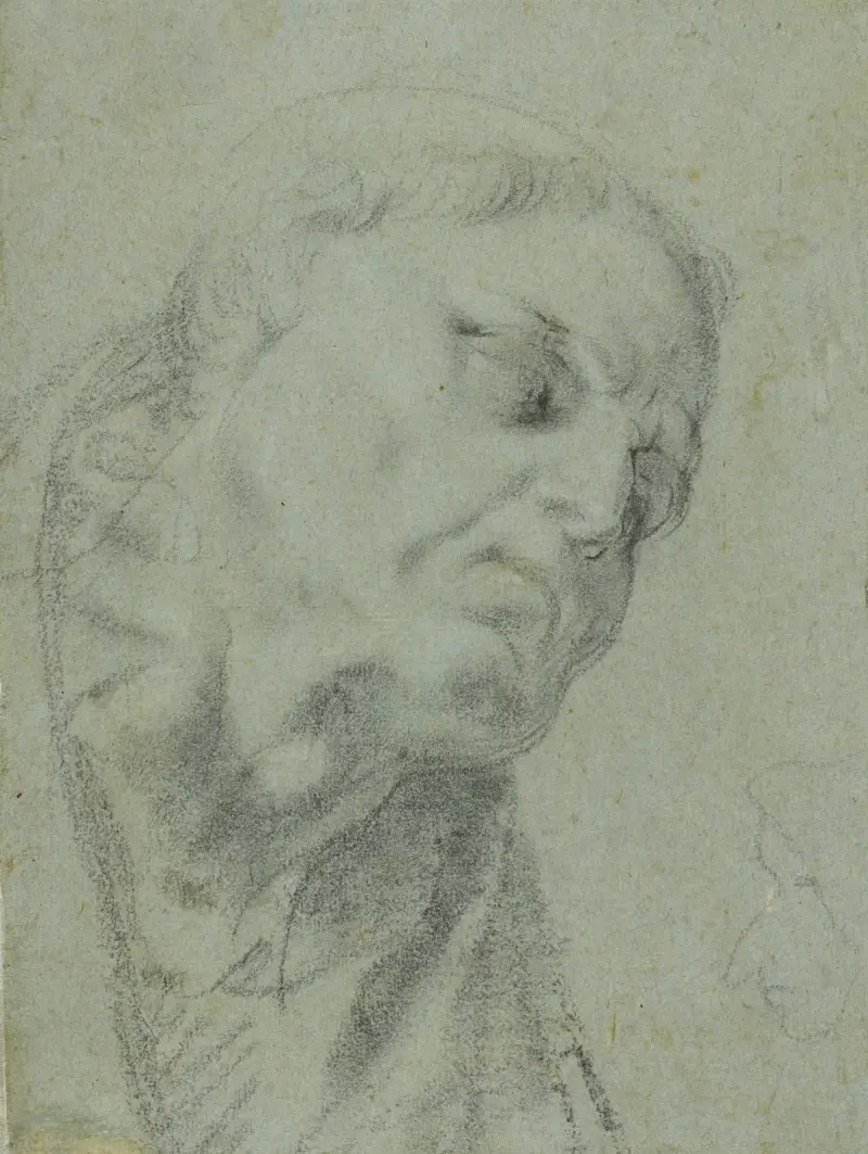 Huvud av en munk; karikatyr av en man i profil av Agostino Carracci