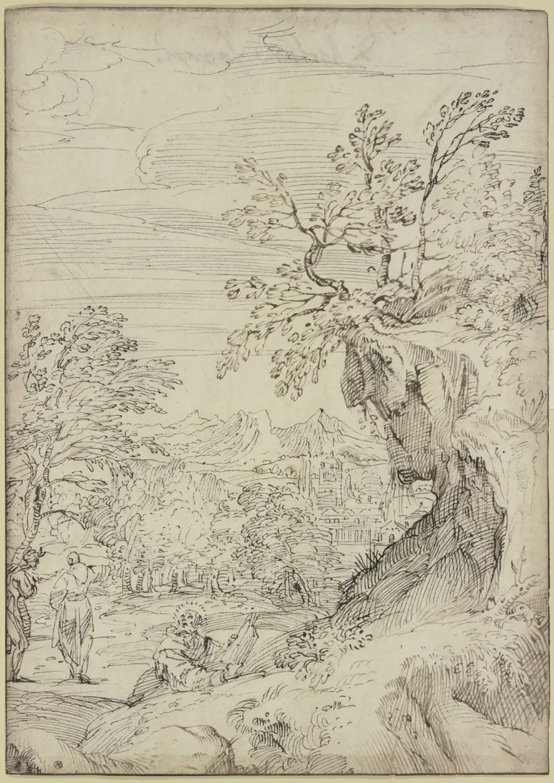 Landskap med ett helgon och två andra figurer av Agostino Carracci