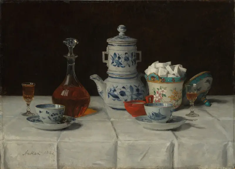 Stilleben med kaffedukning och konjaksflaska av Albert Anker