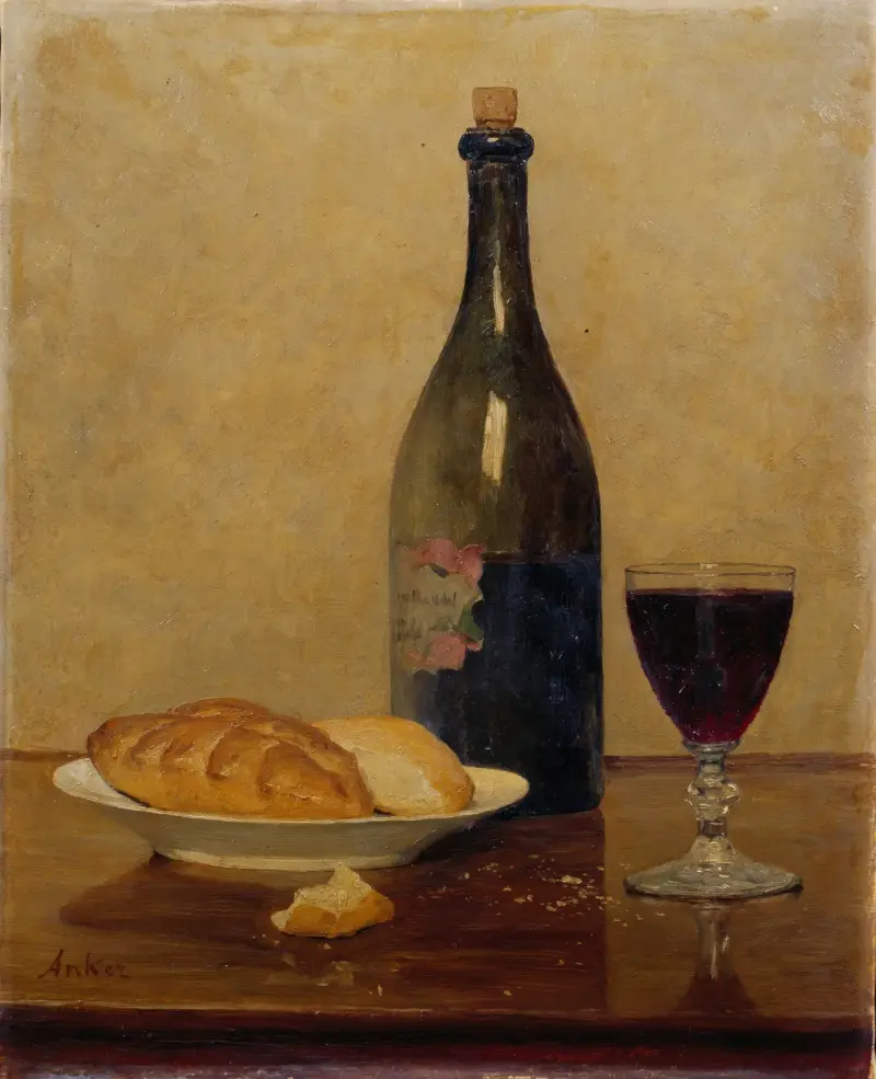 Stillleben; Alter Wein und Brot av Albert Anker