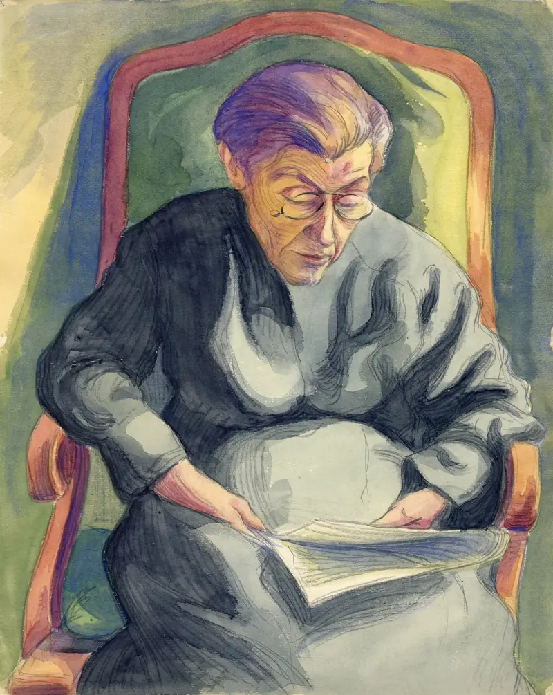 Ältere Dame, in ihrem Stuhl lesend von Albert Daenens