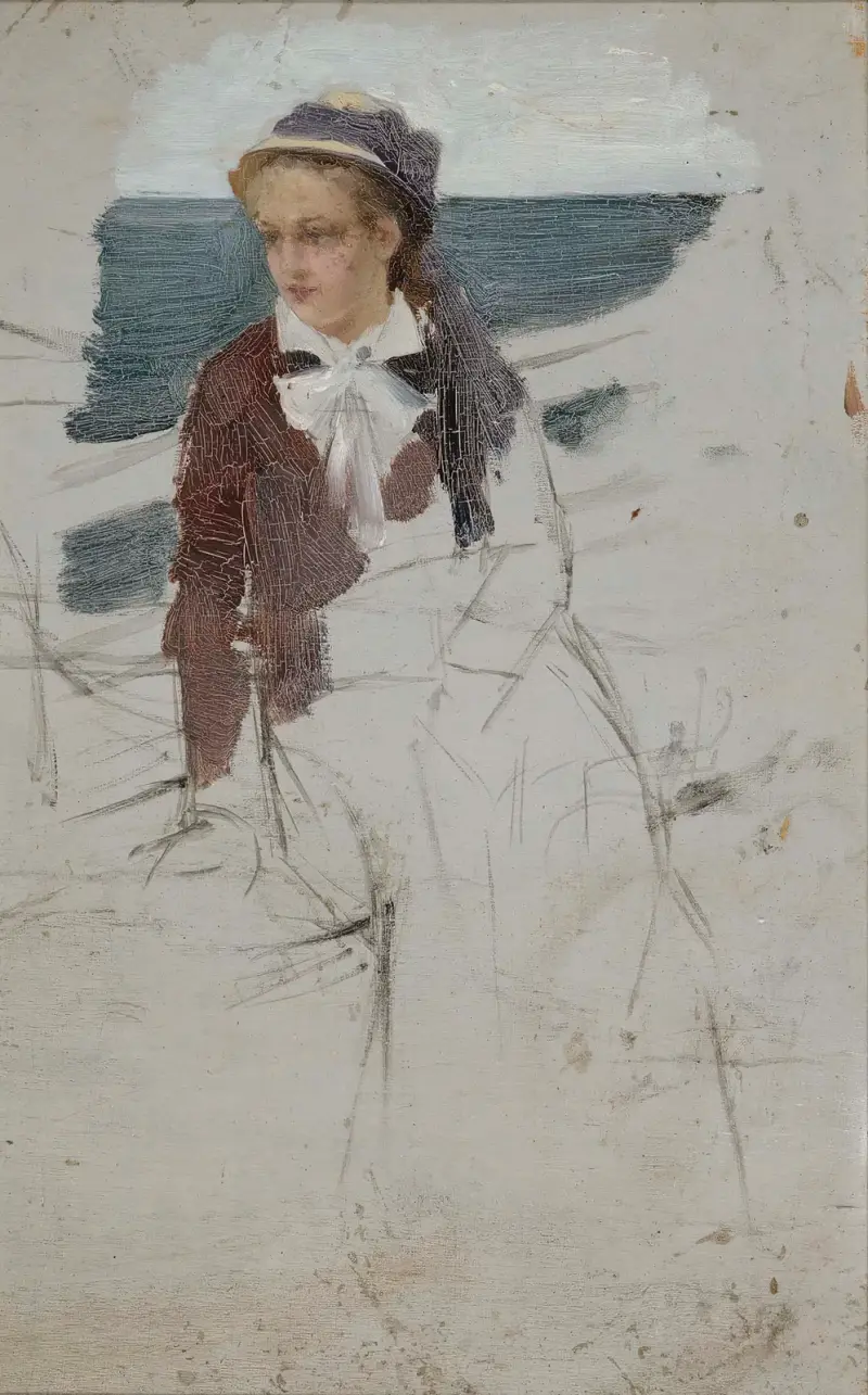 Laivan kaiteen ääressä istuva nainen, luonnos, Albert Edelfelt