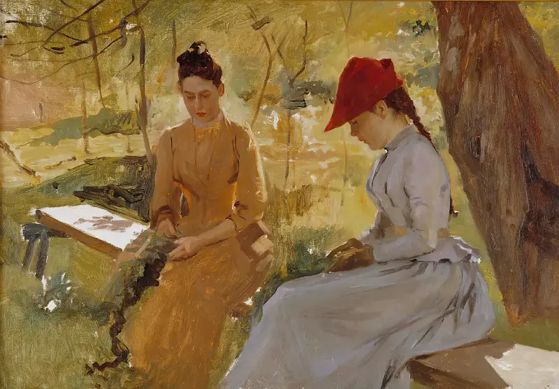 The Artist’s Sisters Annie and Berta Binding Garlands, Albert Edelfelt