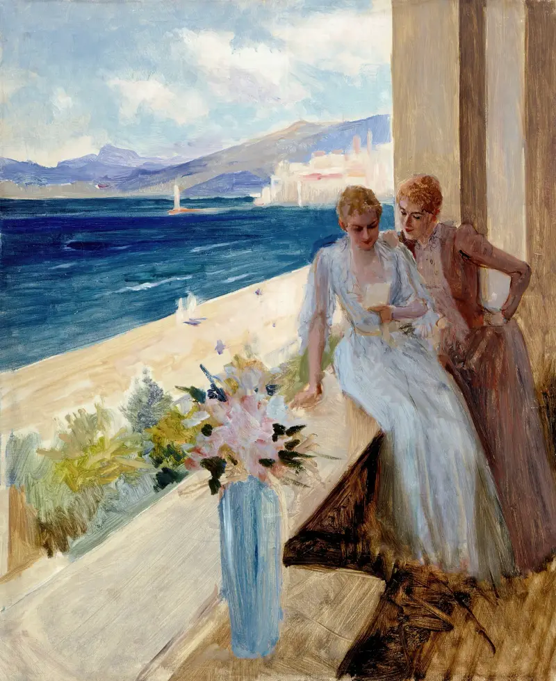 Konstnärens hustru och Emilie von Etter på balkongen i Cannes av Albert Edelfelt