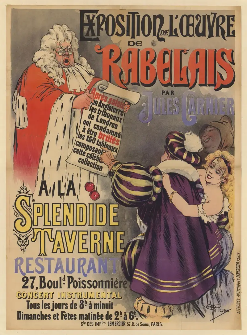 Utställning av Rabelais verk av Jules Garnier på Splendide Taverne, restaurang av Albert Guillaume
