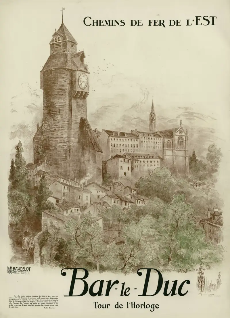 Chemins de Fer de l’Est ; Bar-le-Duc, tour de l’horloge av Albert Robida