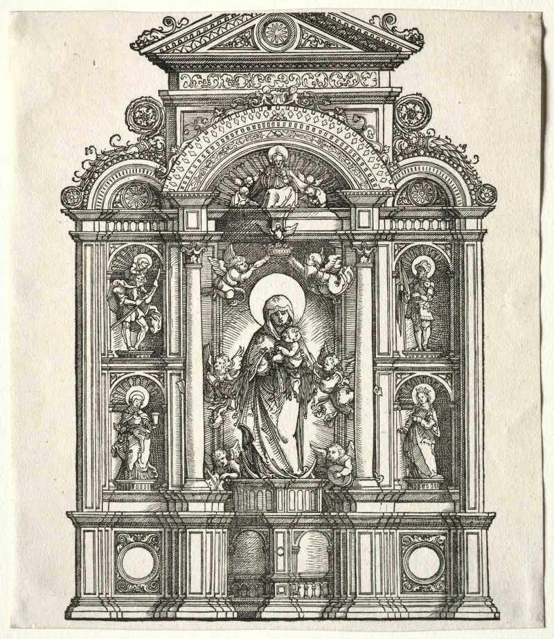 Stort altare med Jungfru Maria, i en bård med heliga Kristoffer, Göran, Barbara och Katarina av Albrecht Altdorfer