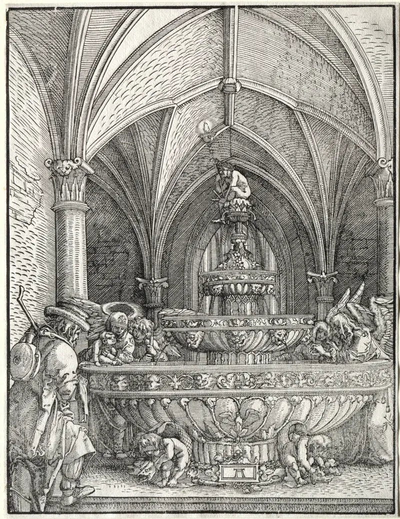 Den heliga familjen på flykten till Egypten vid en brunn av Albrecht Altdorfer