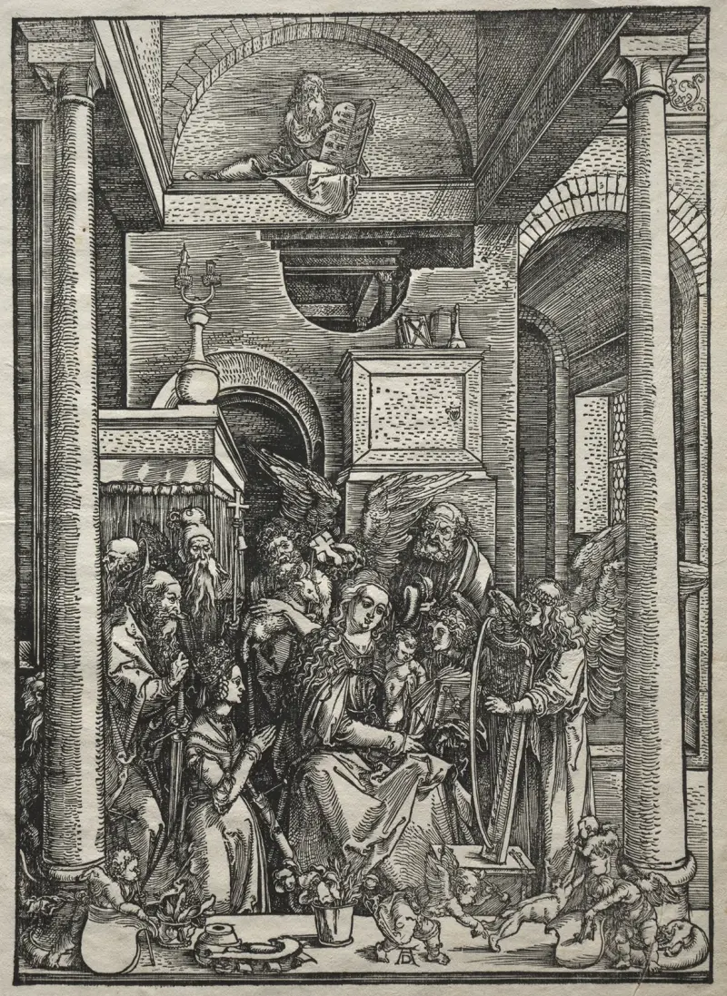 Jungfrun och barnet tillbedda av helgon och änglar av Albrecht Dürer