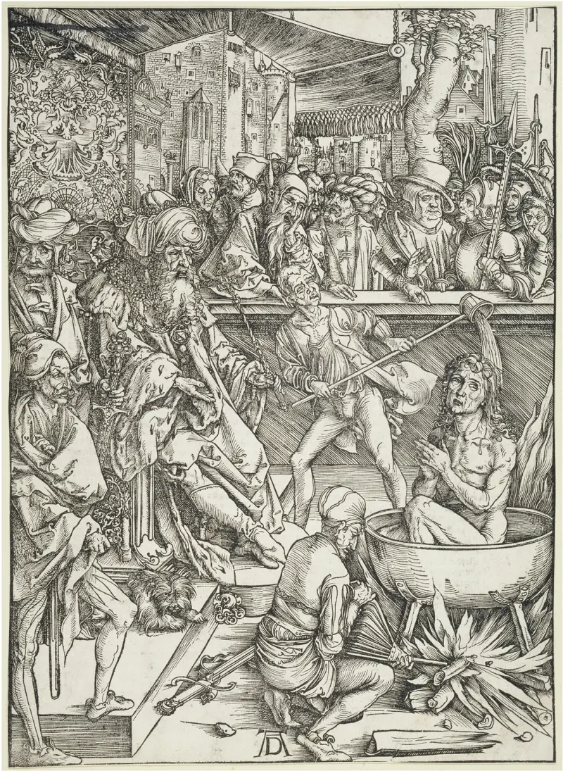 Die Marter des Evangelisten Johannes, aus der Folge der Apokalypse, Urausgabe Deutsch 1498 von Albrecht Dürer