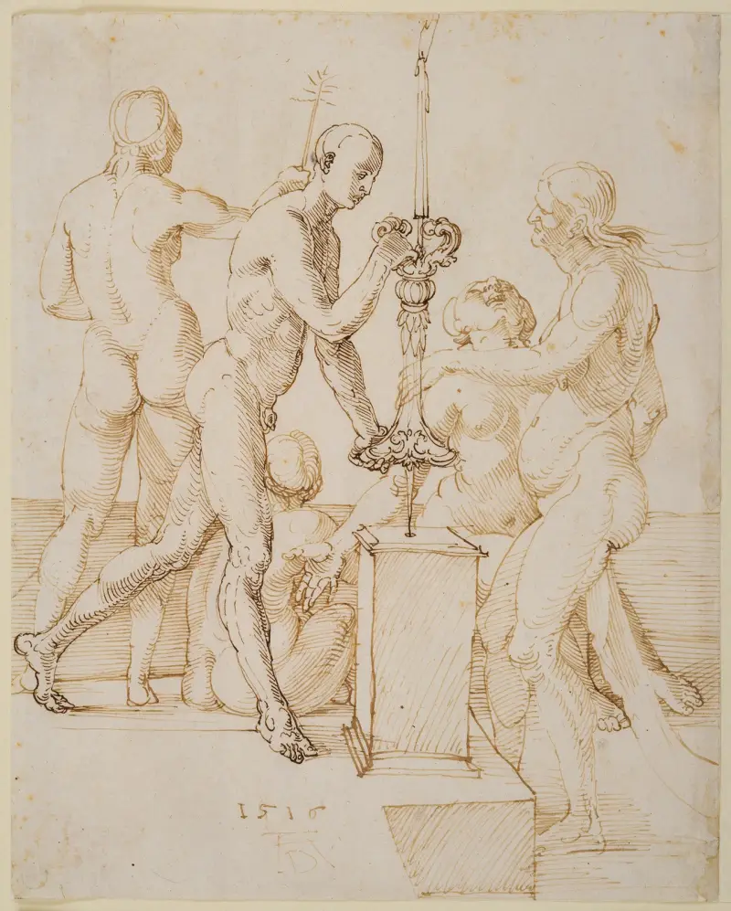 Fem nakna figurer kring en brinnande ljushållare av Albrecht Dürer