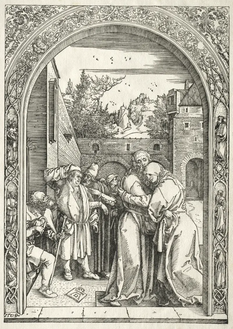 Joachim och Anna omfamnar varandra under den gyllene porten av Albrecht Dürer