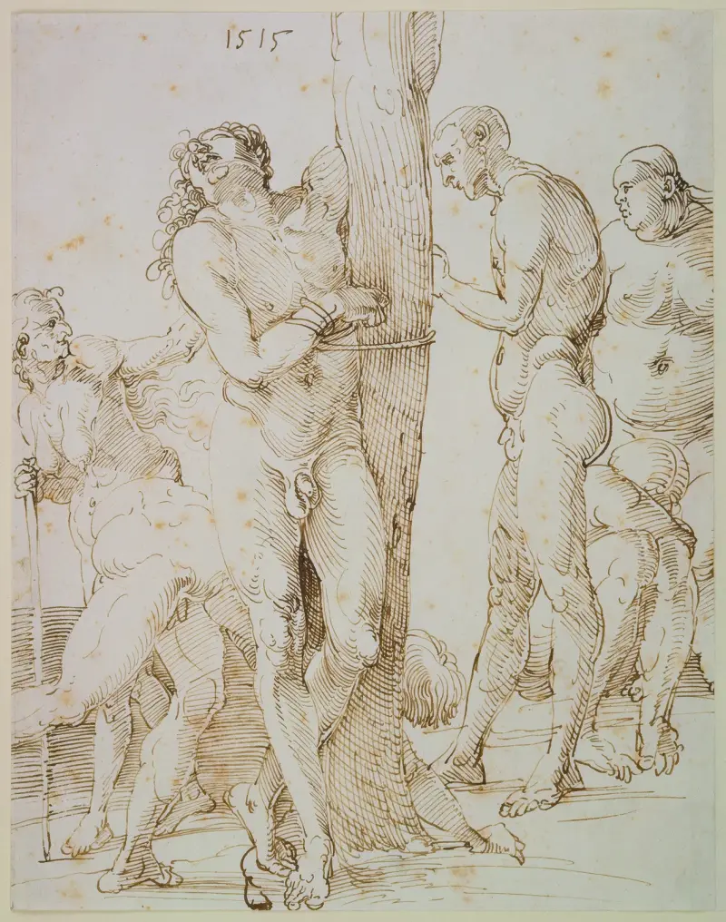 Sex nakna figurer, i mitten en man bunden vid ett träd av Albrecht Dürer