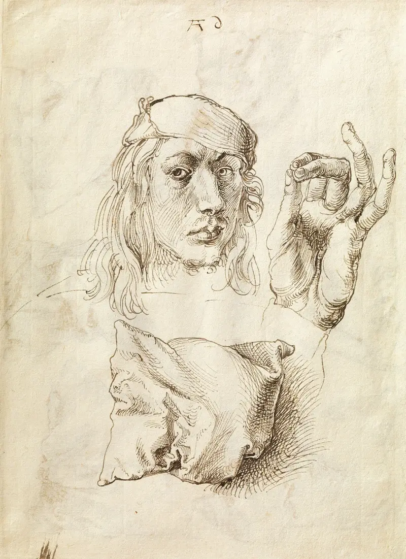 Självporträtt, studie av en hand och en kudde av Albrecht Dürer