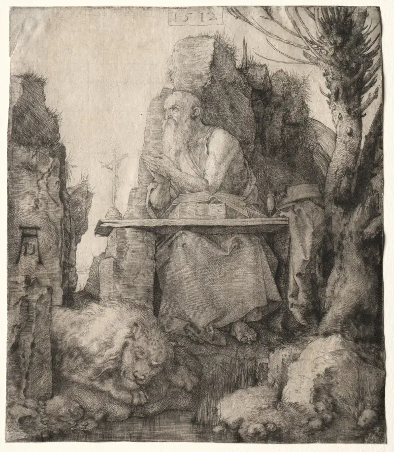 Sankt Hieronymus sittande vid en pil av Albrecht Dürer
