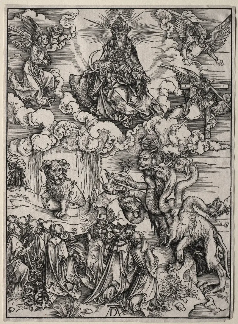 Vilddjuret med sju huvuden och vilddjuret med lammets horn av Albrecht Dürer