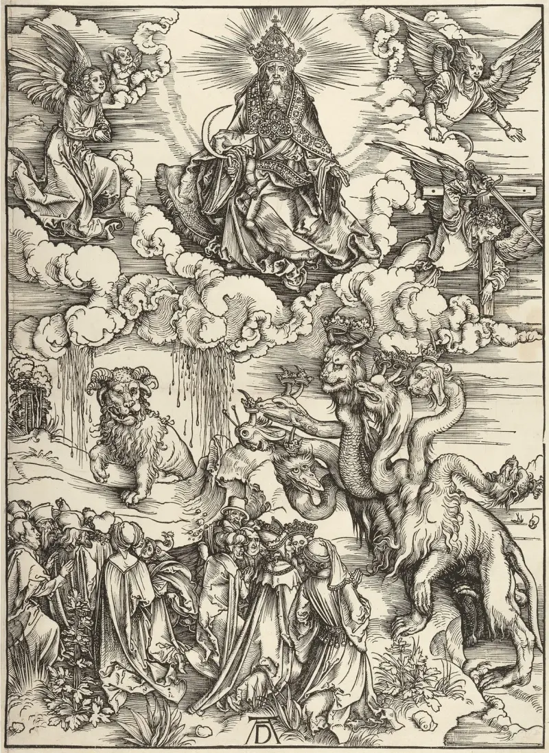 Odjuret med två horn som ett lamm, ur Apokalypsen av Albrecht Dürer