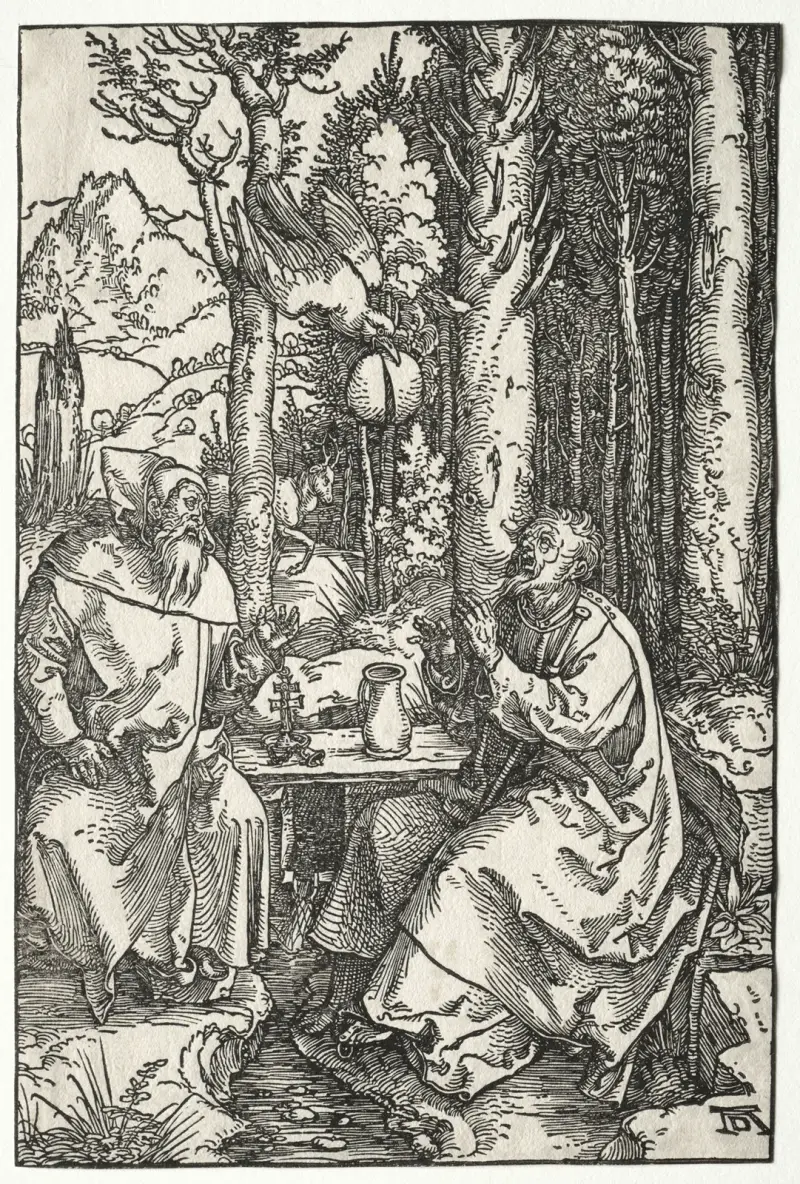 Den helige Antonius besök hos Paulus Eremiten av Albrecht Dürer