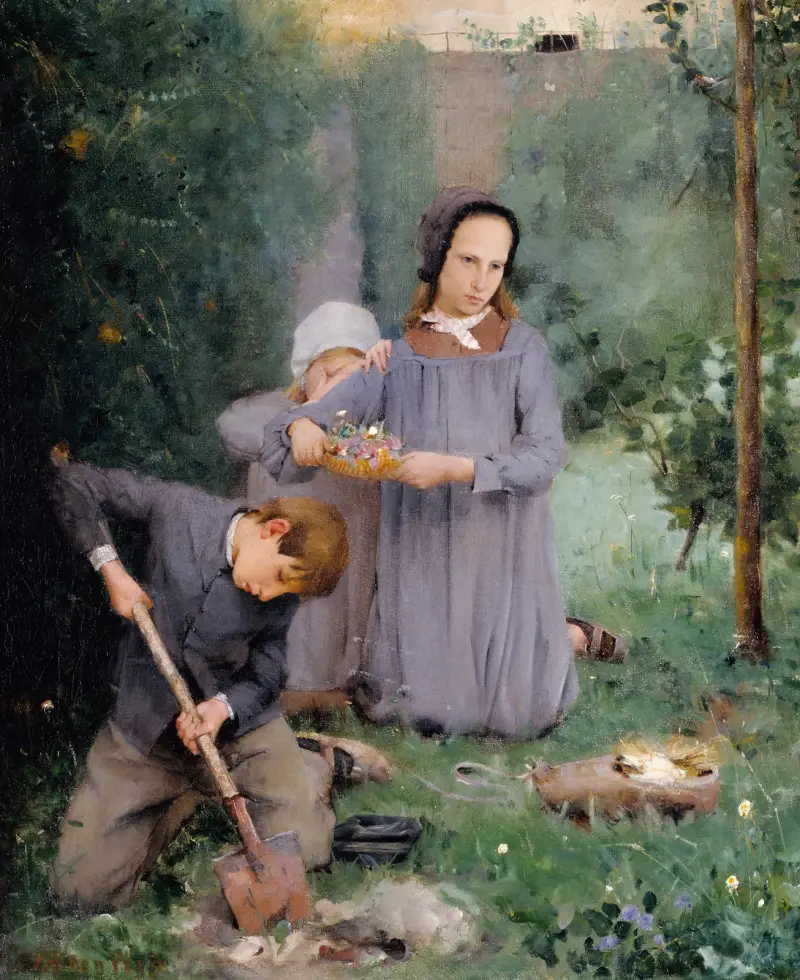 Kinder begraben einen Vogel von Julian Alden Weir