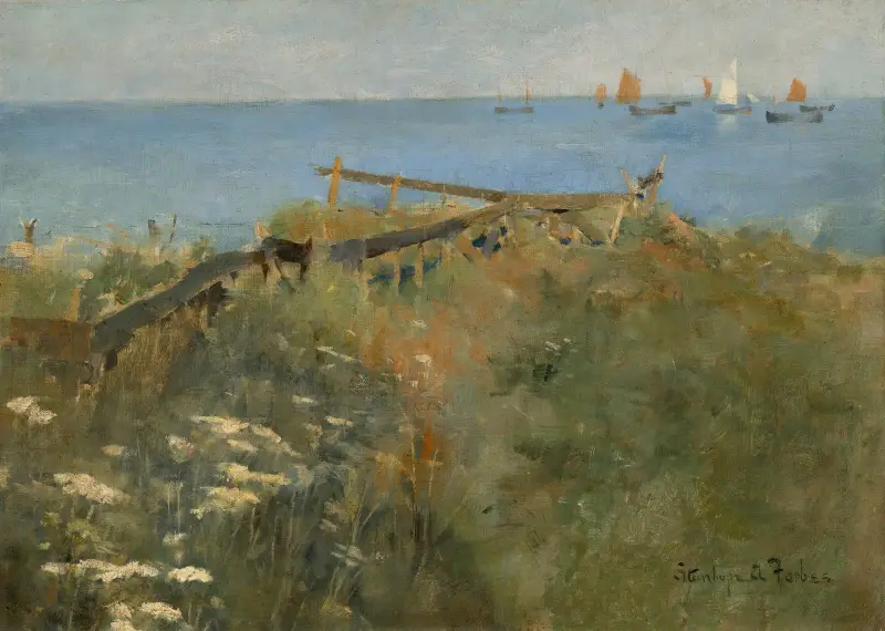Coastal scene with fishing boats av Stanhope Alexander Forbes